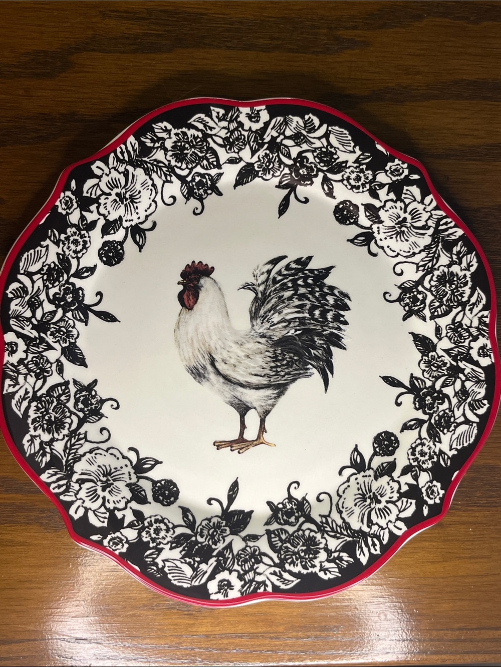 Discontinued- Susan Winget Rooster Plate- black,white&red NWT